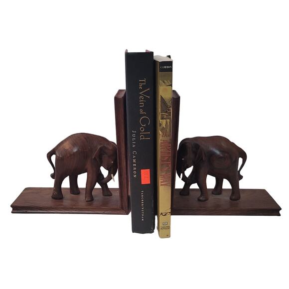 Vintage Wood elephant with tusk bookends wood pair